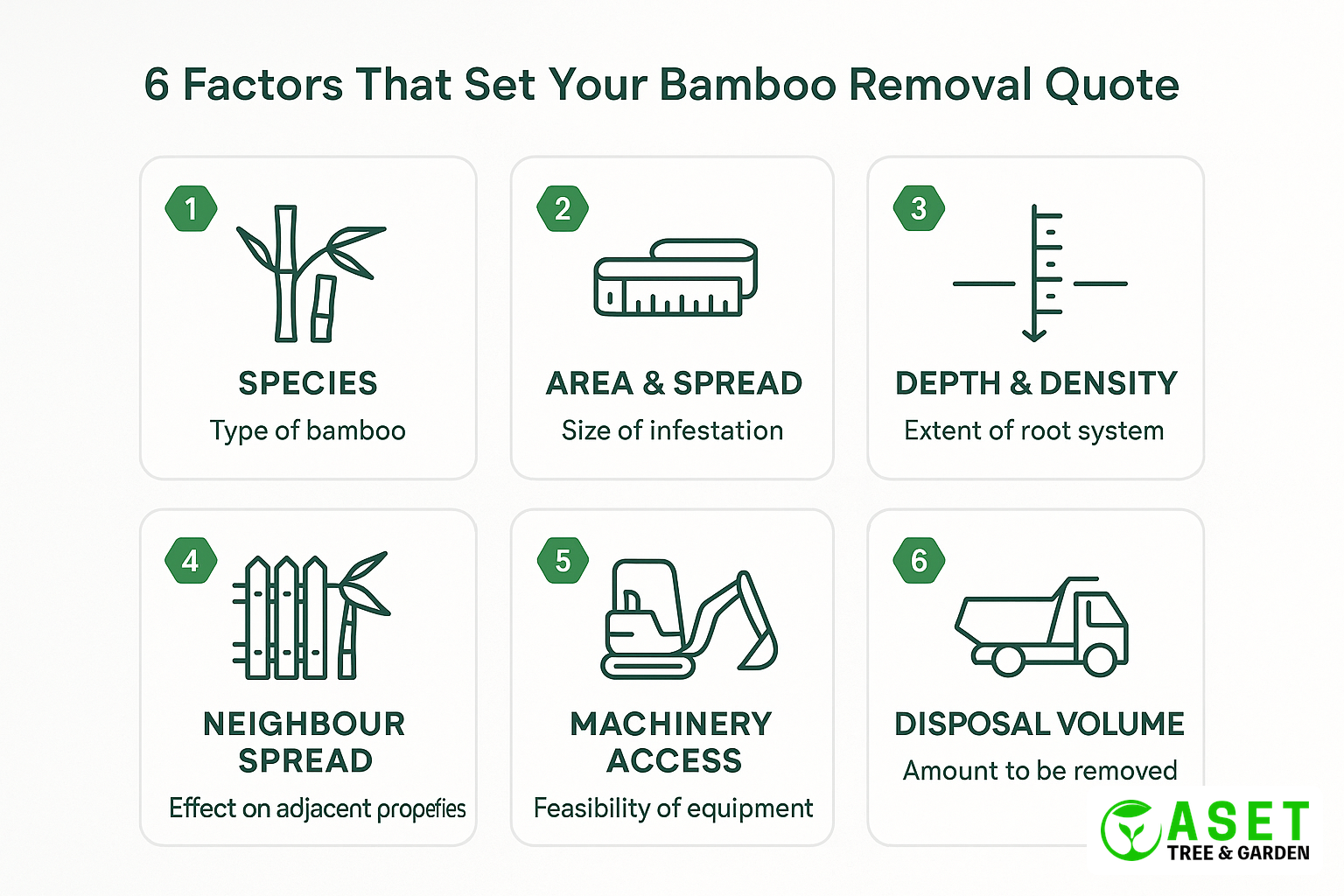 Infographic showing the six factors that determine bamboo removal cost: species, area, depth, neighbour spread, machinery access, disposal volume