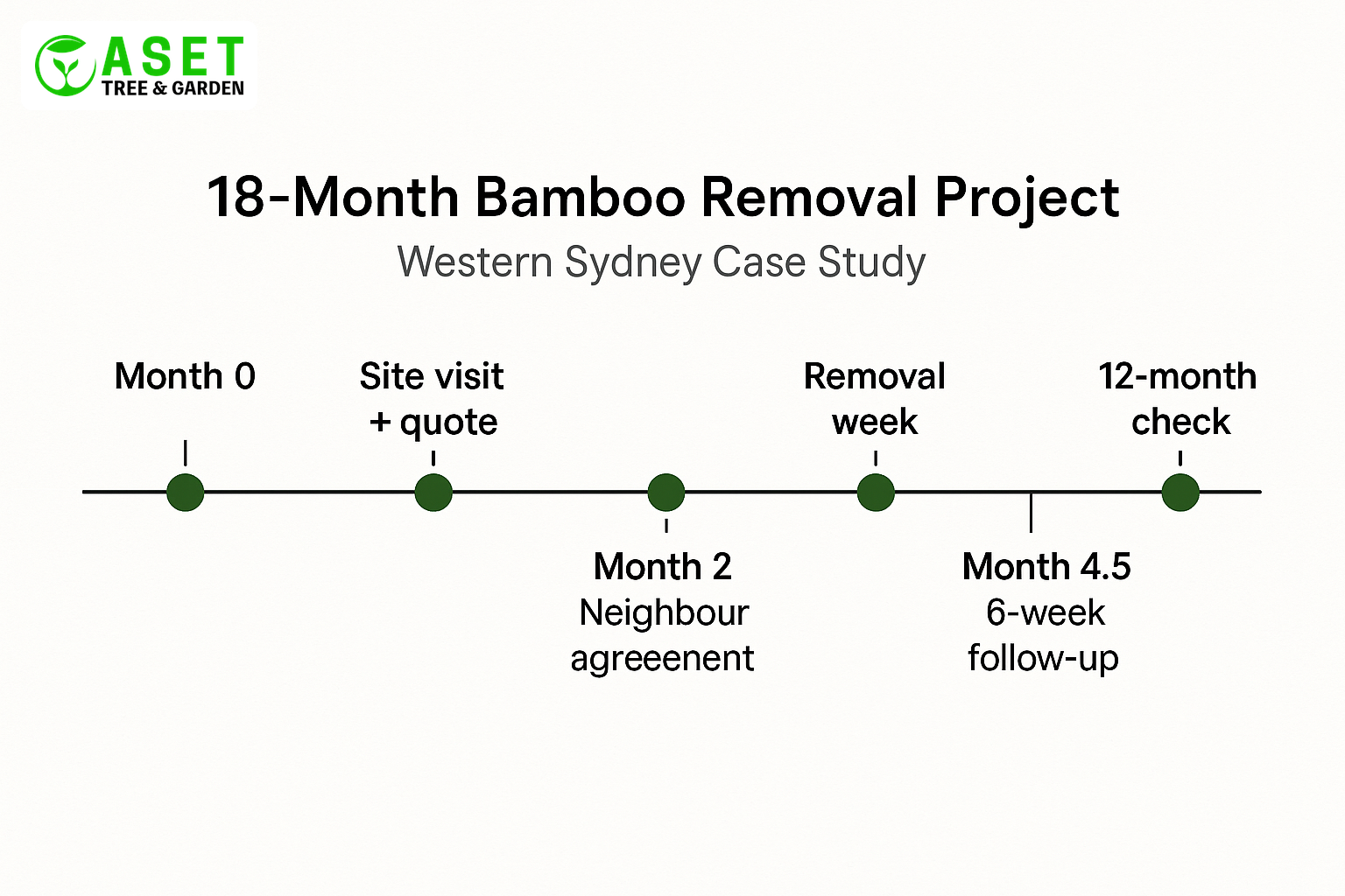 18-month timeline showing milestones from first call to 12-month follow-up