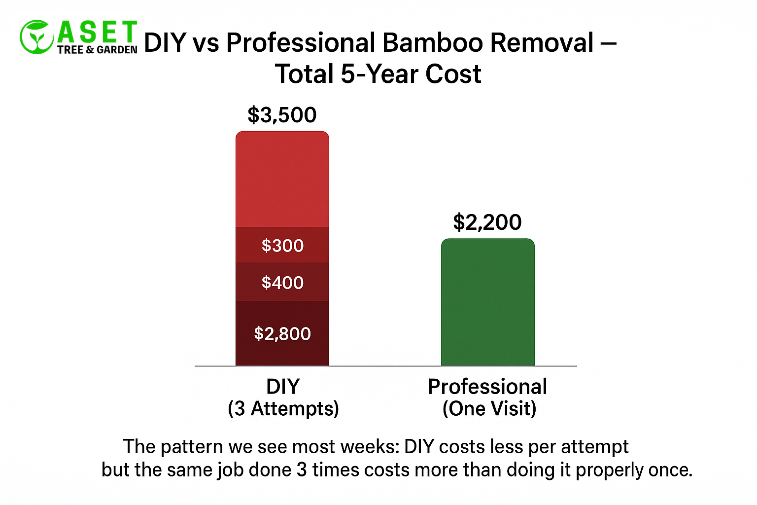 DIY versus professional bamboo removal 5-year cost comparison bar chart